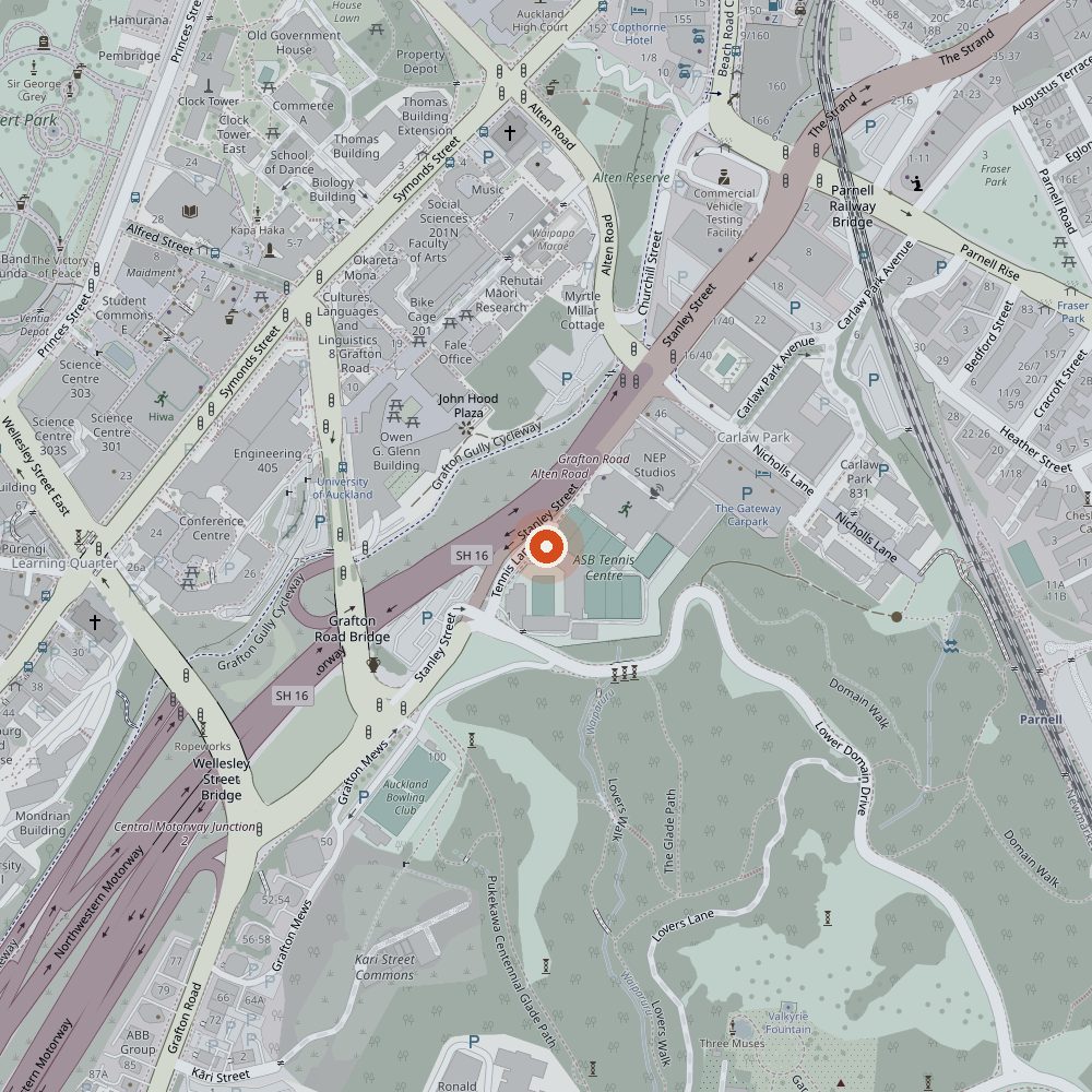Map of Parnell with Renew Wellness Place marked at 1 Tennis Lane, in the Next Gen building beside the Manuka Tennis Arena, off Stanley Street